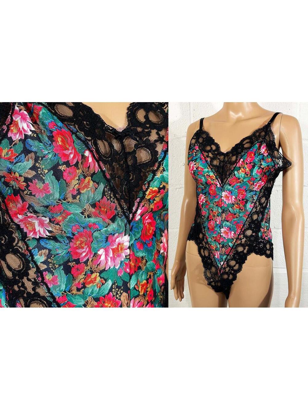 Floral & Black Lace Lingerie Teddy Bodysuit by Fiori Collezione 1990s Small XS